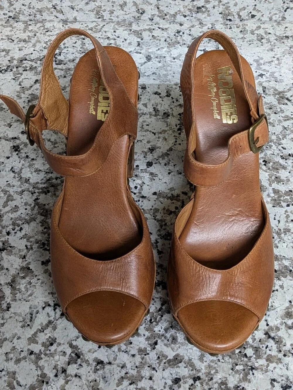 Jeffrey Campbell Woodies Tan Leather Studded Wood Platform Sandals Sz 10 Boho